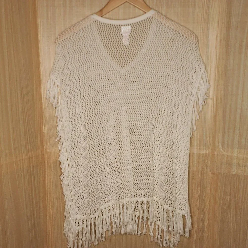 Justice White Fringe Open Knit Poncho 16-18